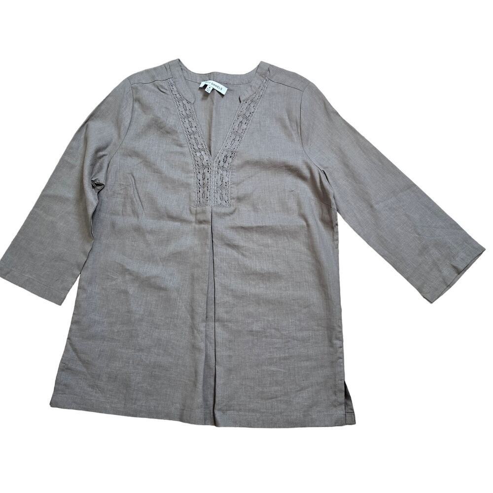 Emily Daniels Women's Taupe Linen Rayon Lace V Neck Tunic 3/4 Sleeves Size Med